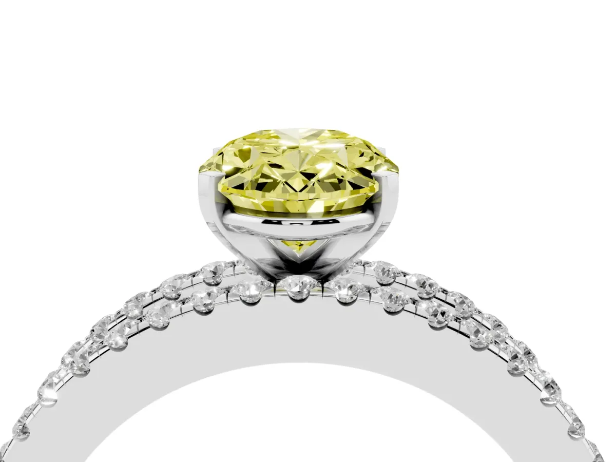 Fancy Yellow Oval Cut Diamond Solitaire Ring with Pavé and Channel Set Band Silver