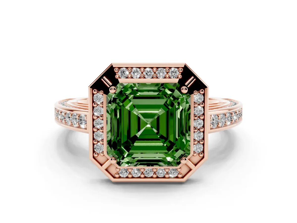 Fancy Green Asscher Cut Cut Halo Pave Split Shank Prong Setting Ring Rose gold