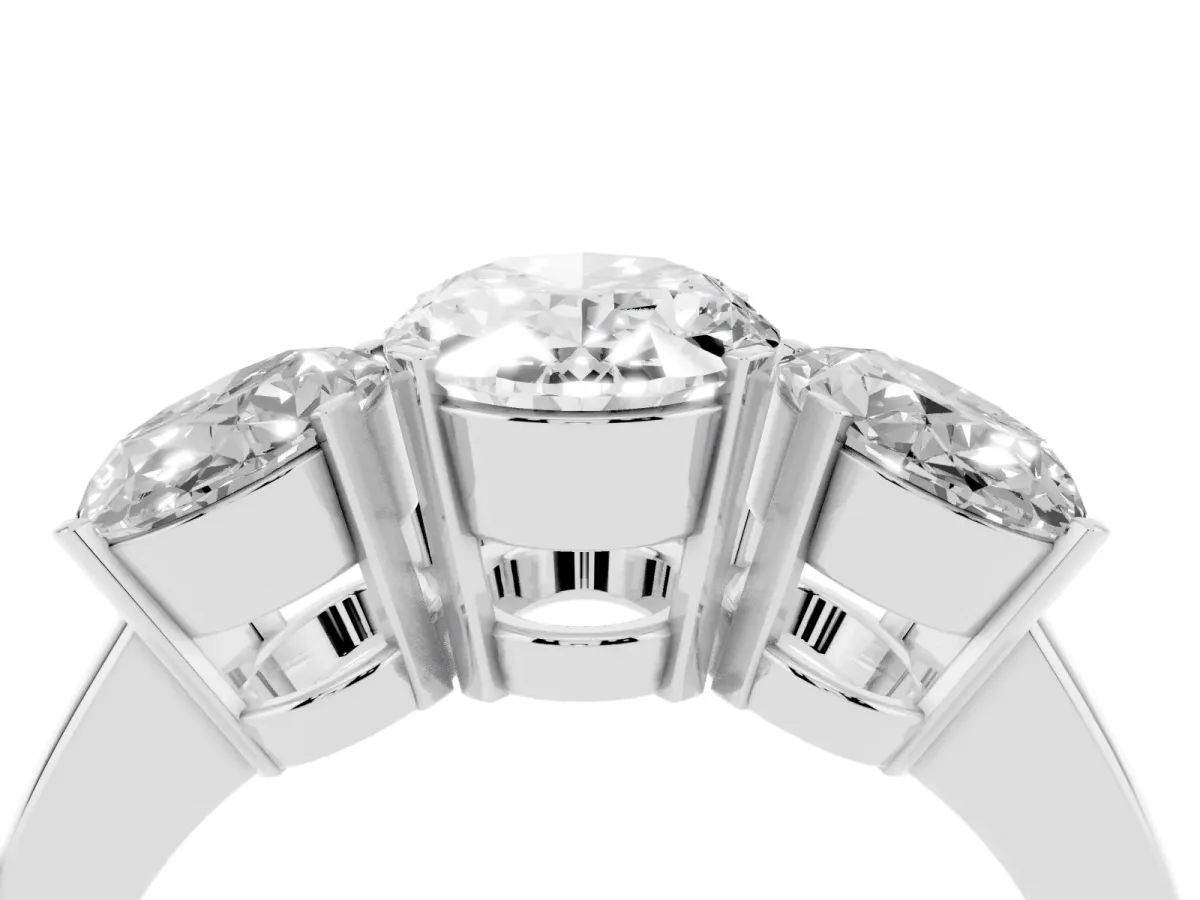 Three-Stone Oval Cut Cut Diamond Ring with Channel Set Band and Four-Prong Setting Silver
