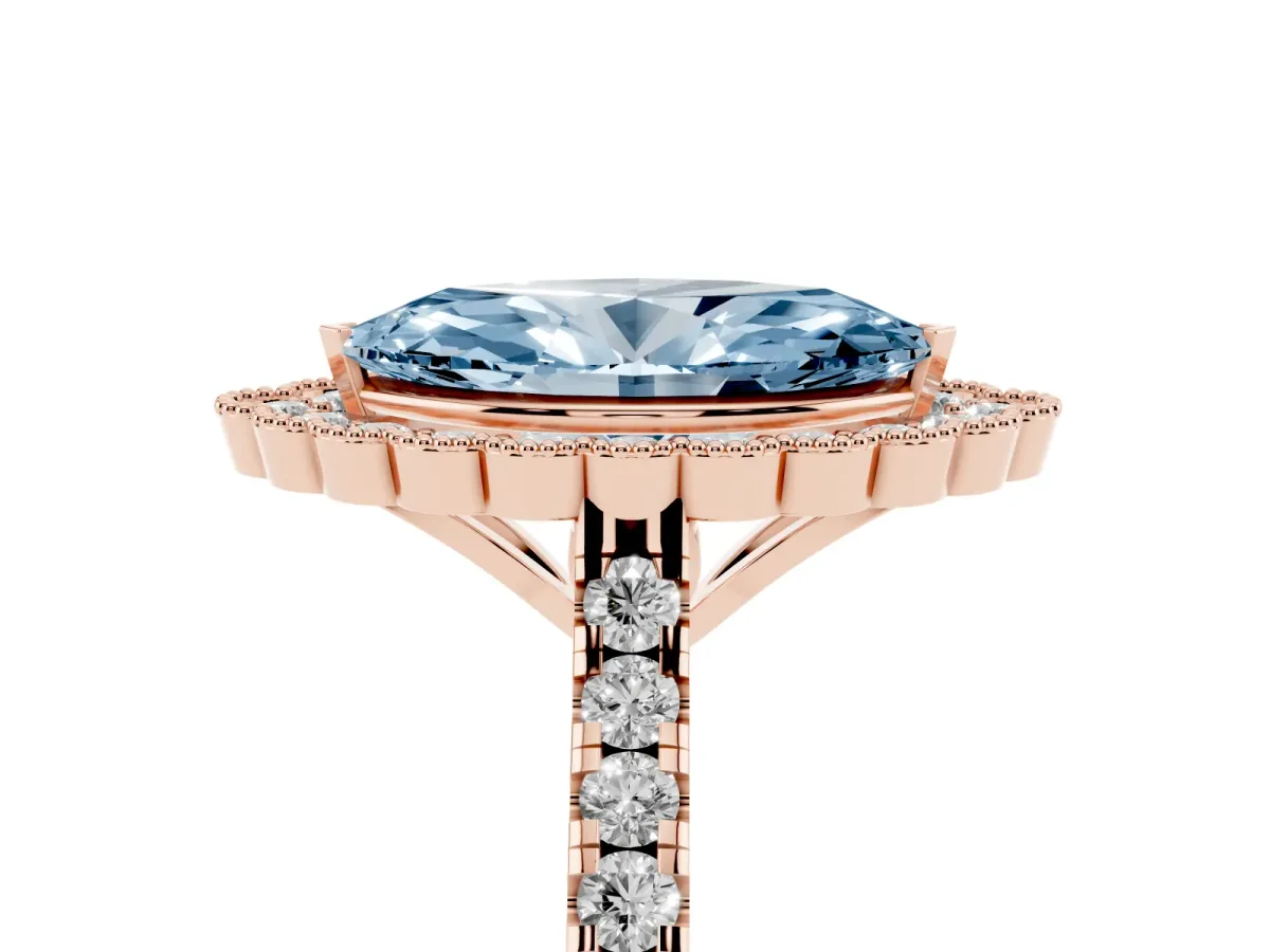 Fancy Blue Marquise Cut Cut Diamond Milgrain Floral Halo Engagement Ring with Pavé Band Rose gold