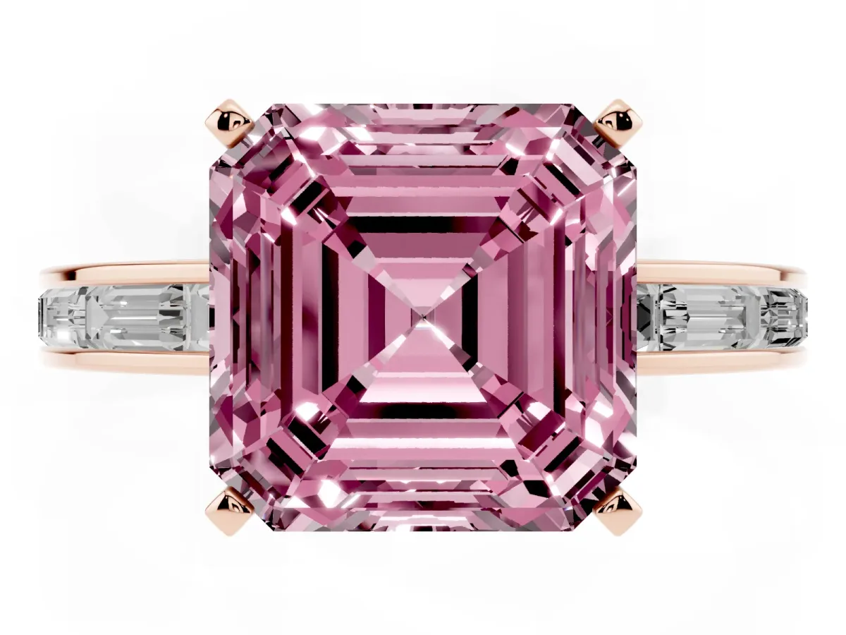 Fancy Pink Asscher Cut Solitaire Diamond Ring with Channel-Set Baguette Band and Four-Prong Setting Rose gold