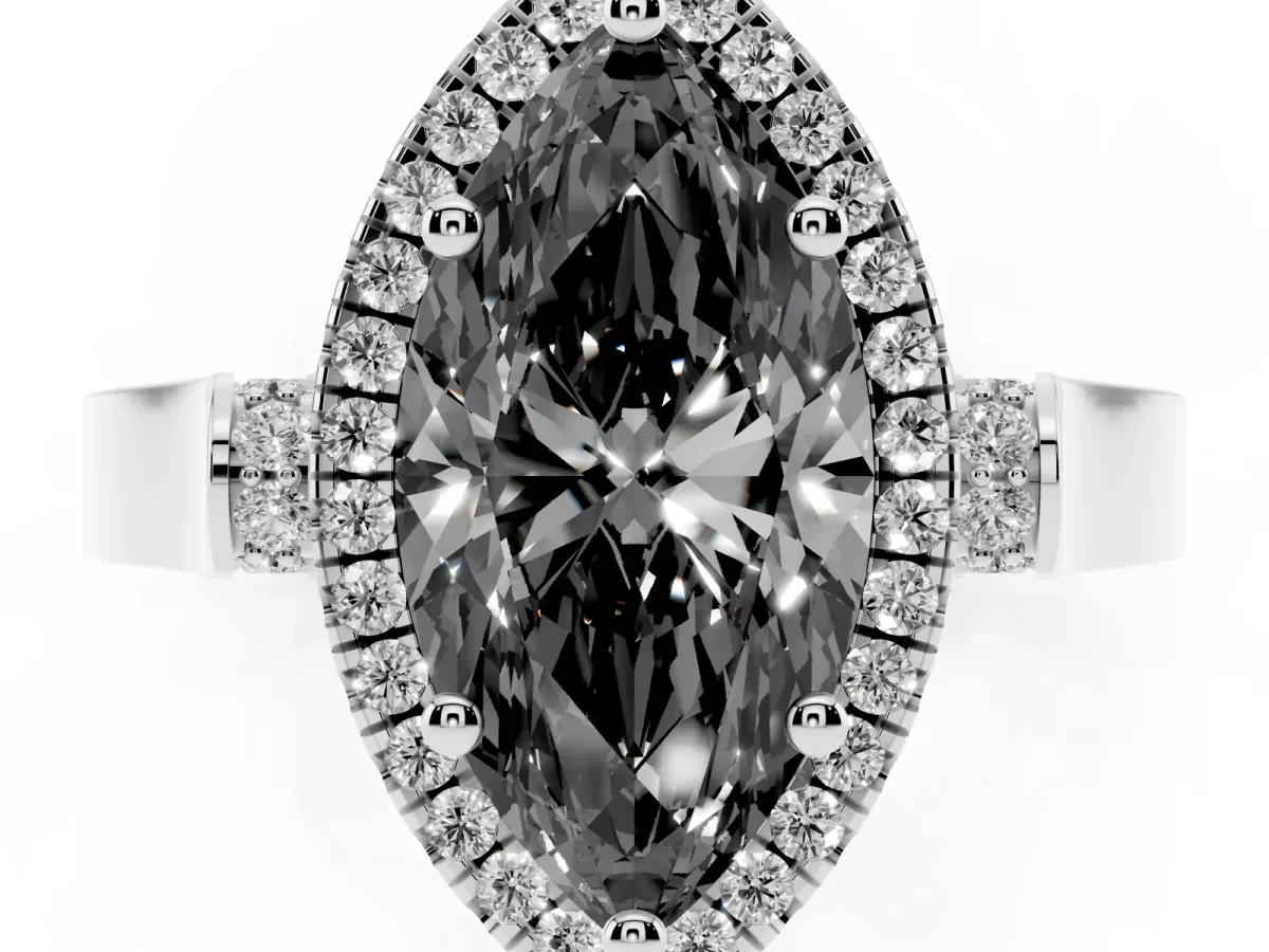 Fancy Black Marquise Cut Halo Round Diamond Twist Band with Four-Prong Setting White gold