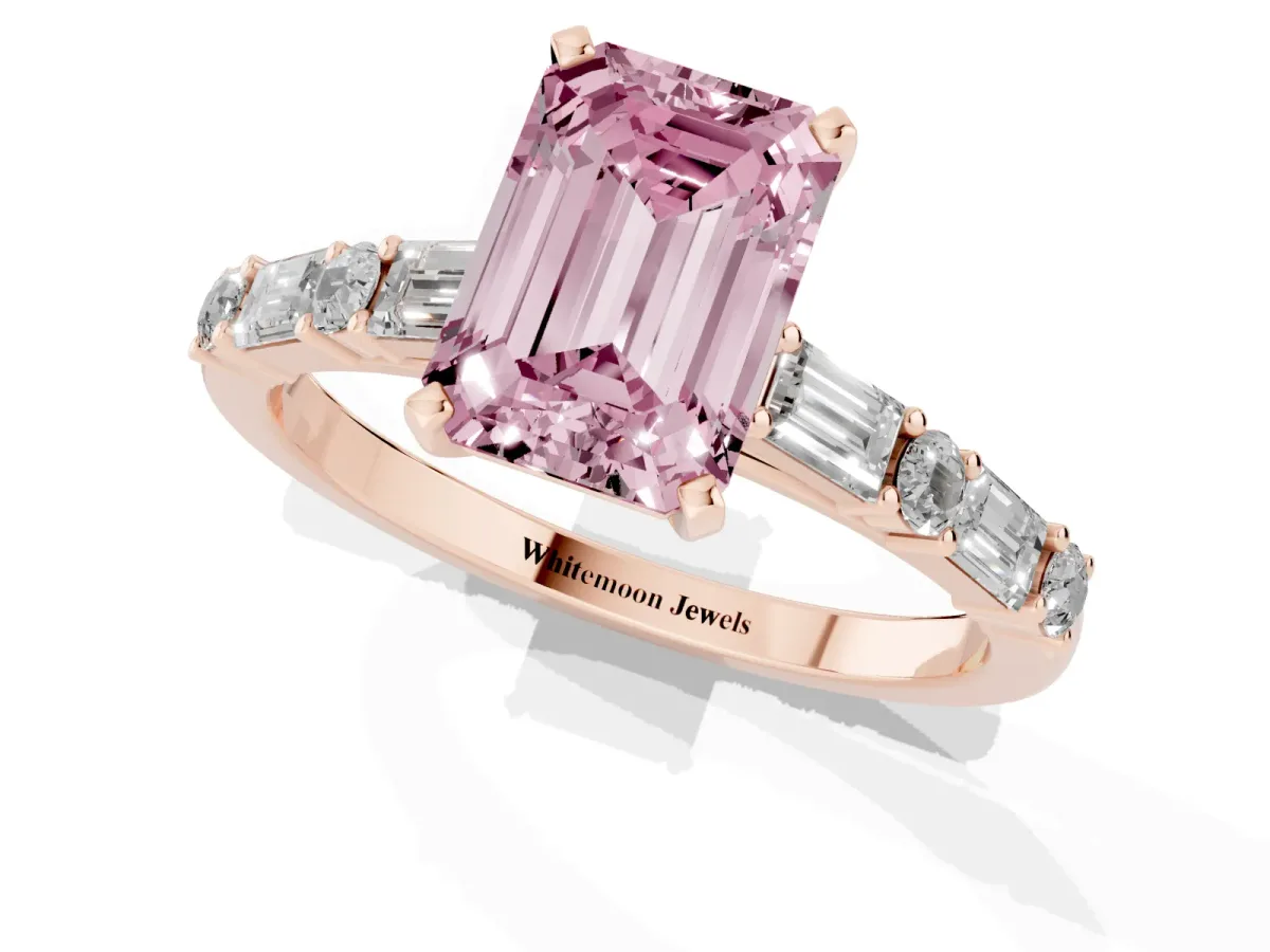 Fancy Pink Emerald Cut Diamond Solitaire with Side Baguettes and Channel Set Band Rose gold