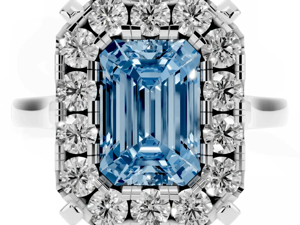 Fancy Blue Emerald Cut Diamond Cluster Halo Solitaire with Four-Prong Setting Platinum