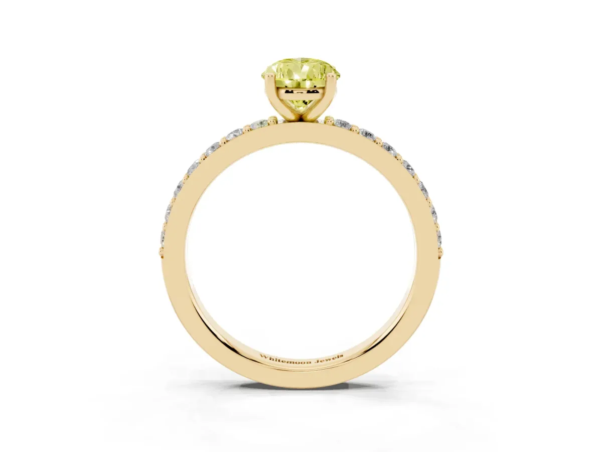 Fancy Yellow Pear Cut Cut Diamond Solitaire with Pave Band and Four-Prong Setting Yellow gold