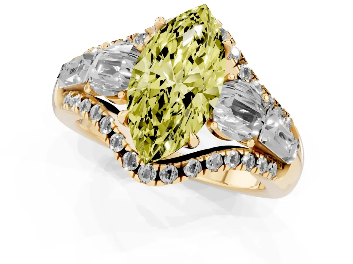 Fancy Yellow Three-Stone Marquise Cut Diamond Engagement Ring with Pave Band and Prong Setting Yellow gold