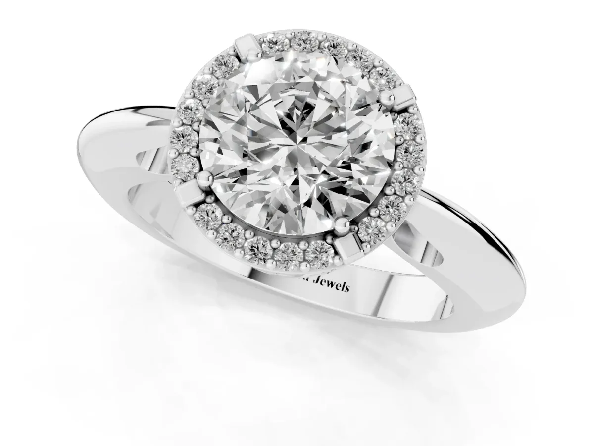 Round Cut Cut Diamond Halo Engagement Ring with Split Shank and Four-Prong Setting Silver