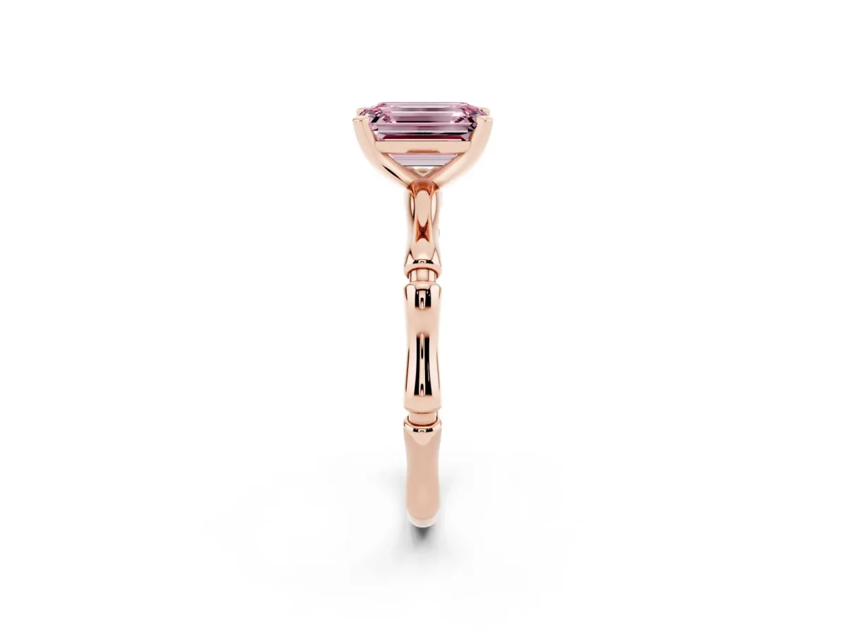 Fancy Pink Emerald Cut Solitaire Diamond Ring with Bamboo Band and Four-Prong Setting Rose gold