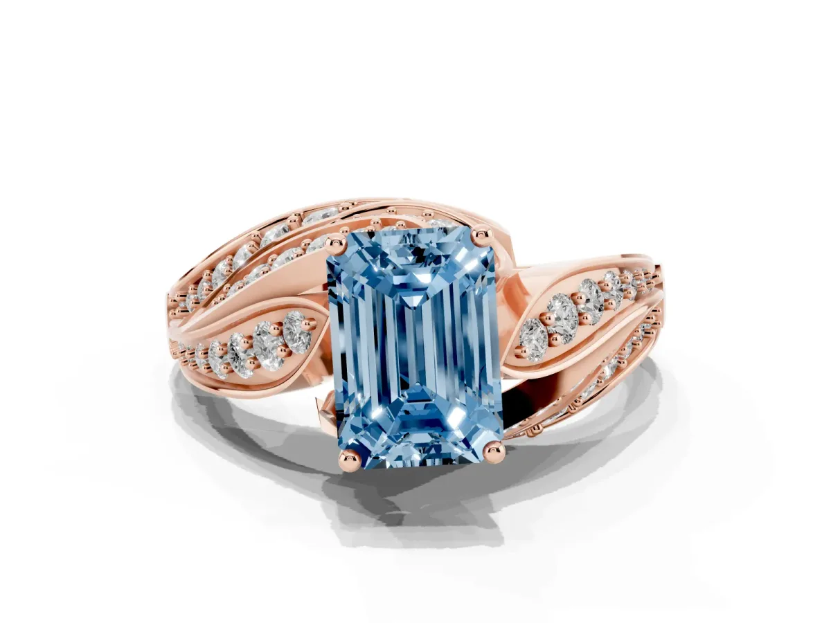 Fancy Blue Emerald Cut Diamond Solitaire Ring with Prong Setting and Twisted Pavé Band Rose gold