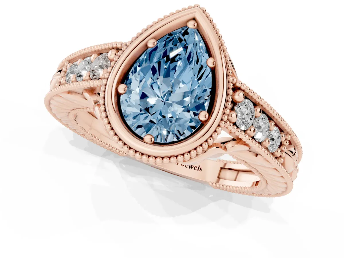 Fancy Blue Bezel Set Pear Cut Diamond Milgrain Pave Engagement Ring Rose gold