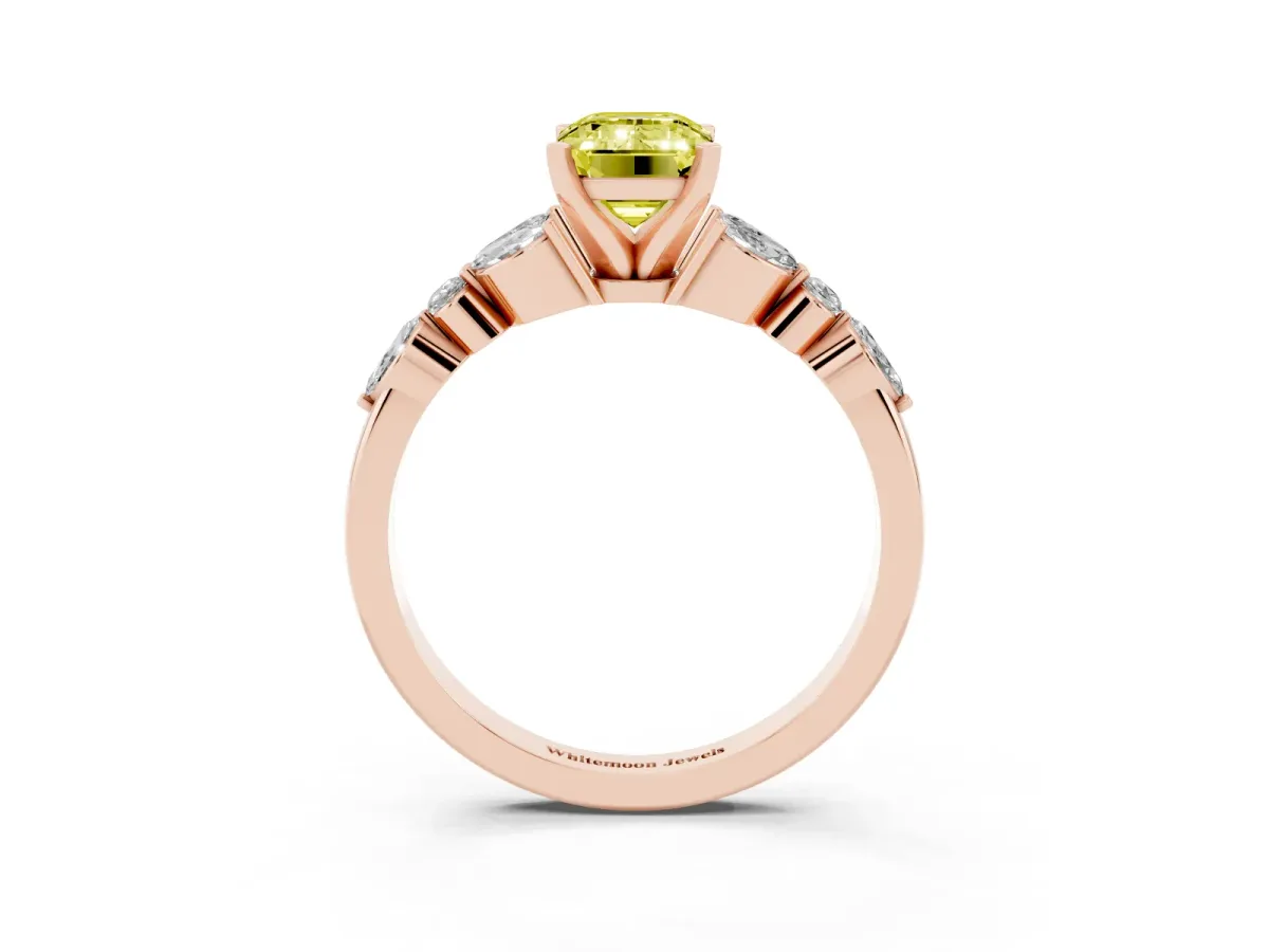 Fancy Yellow Emerald Cut Diamond Solitaire Ring with Side Stones and Four-Prong Setting Rose gold