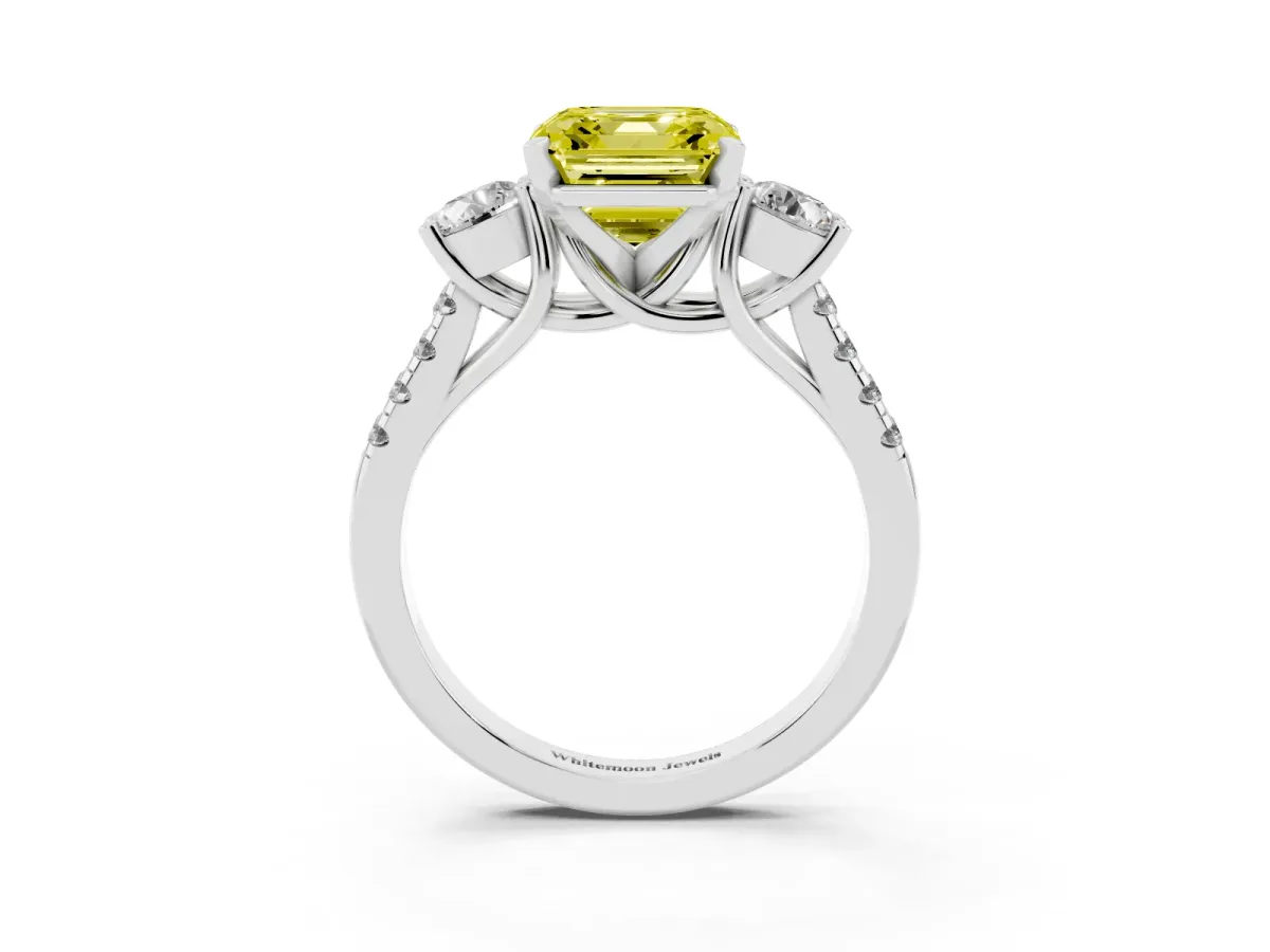 Fancy Yellow Three-Stone Asscher Cut Diamond Pavé Band with Four-Prong Setting Silver