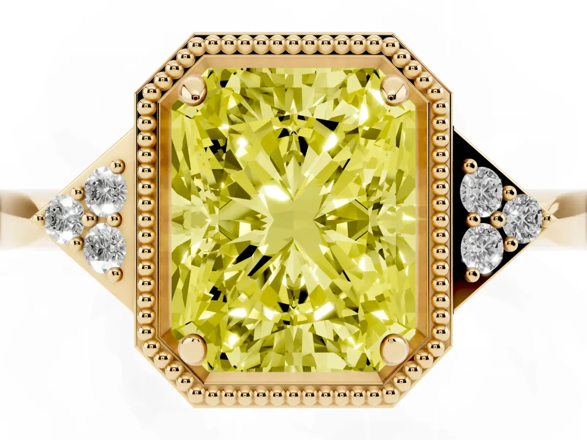 Fancy Yellow Hexagonal Halo Radiant Cut Diamond Solitaire with Pavé Band and Four-Prong Setting Yellow gold