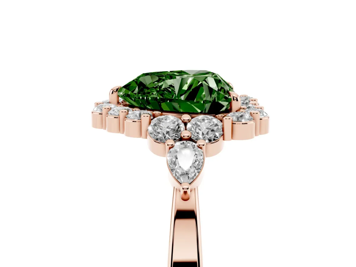 Fancy Green Heart Cut Diamond Halo Ring with Pear Side Stones and Prong Setting Rose gold