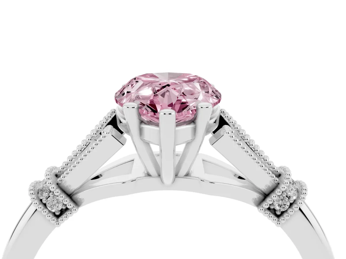 Fancy Pink Pear Cut Diamond Solitaire Ring with Floral Filigree and Pave Accents White gold