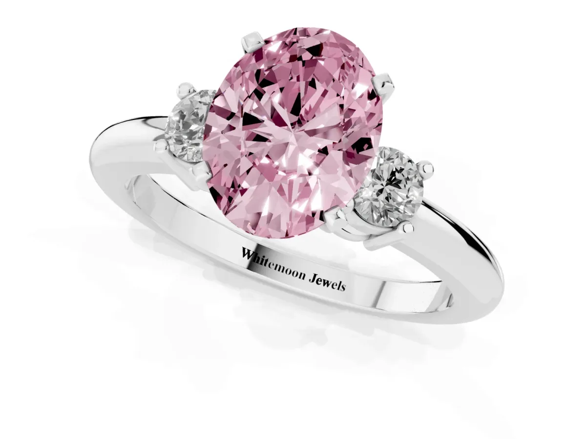 Fancy Pink Three-Stone Oval Cut Cut Diamond Solitaire with Prong Setting and Classic Band Silver