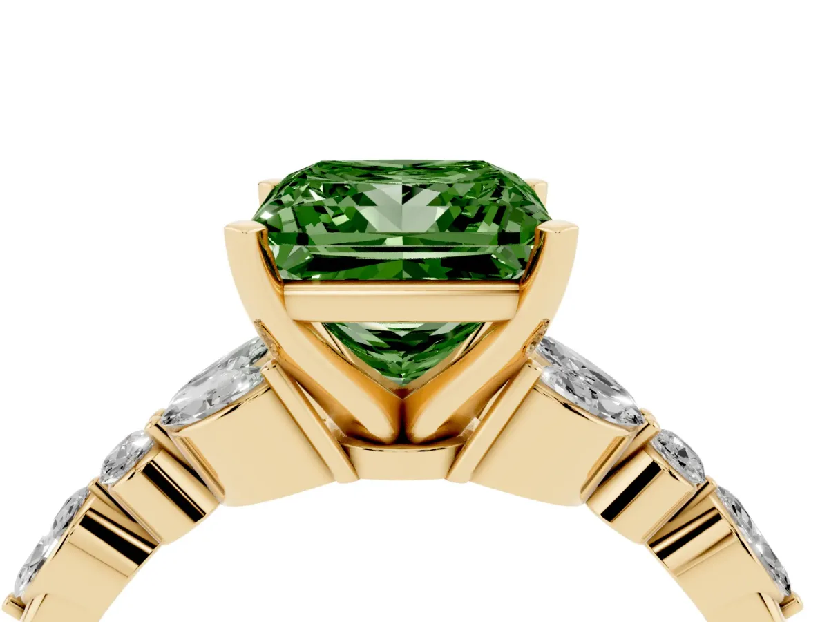 Fancy Green Princess Cut Diamond Solitaire Ring with Side Stones and Four-Prong Setting Yellow gold