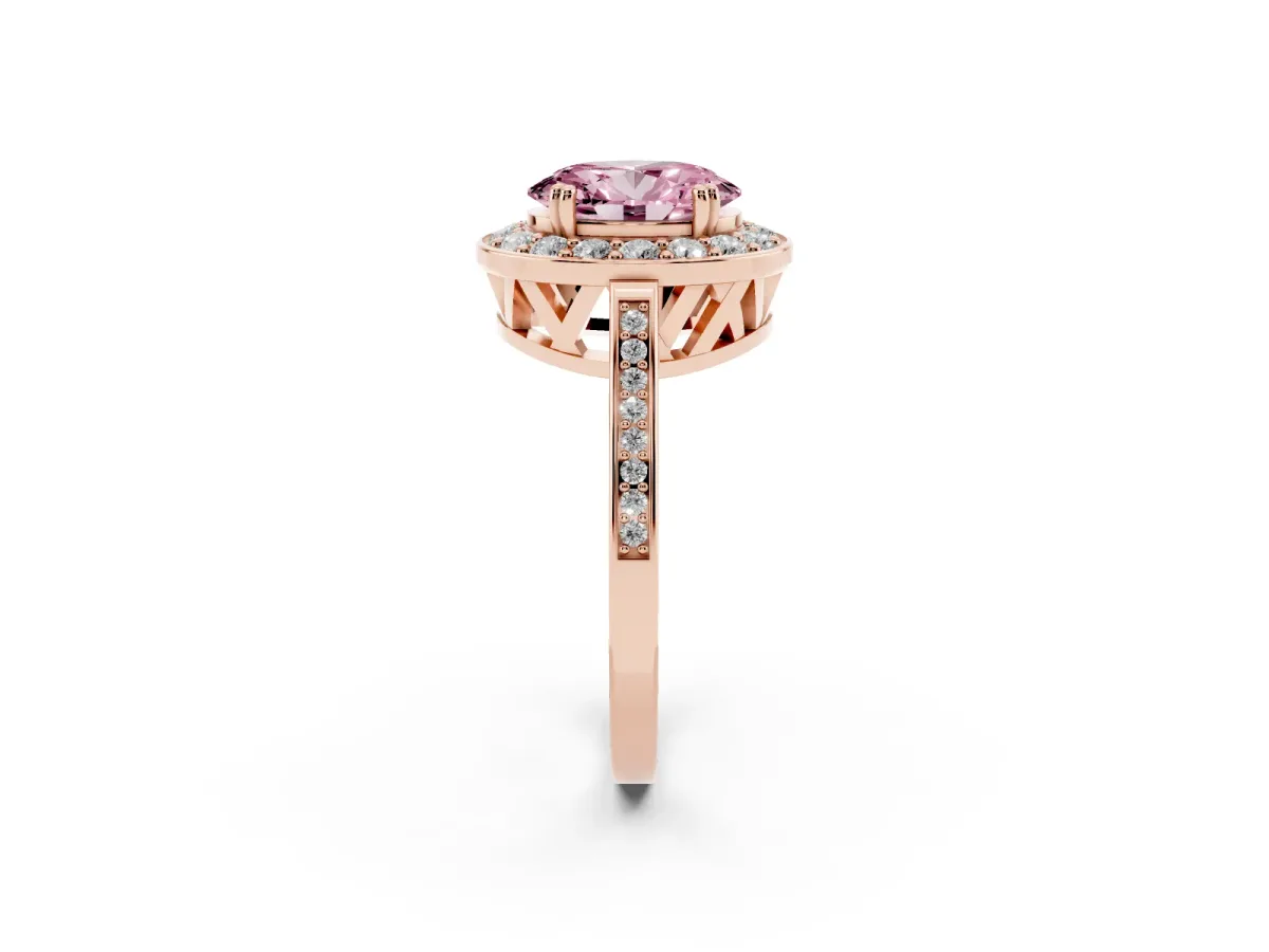 Fancy Pink Oval Cut Diamond Halo Ring with Split Shank and Four-Prong Setting Rose gold