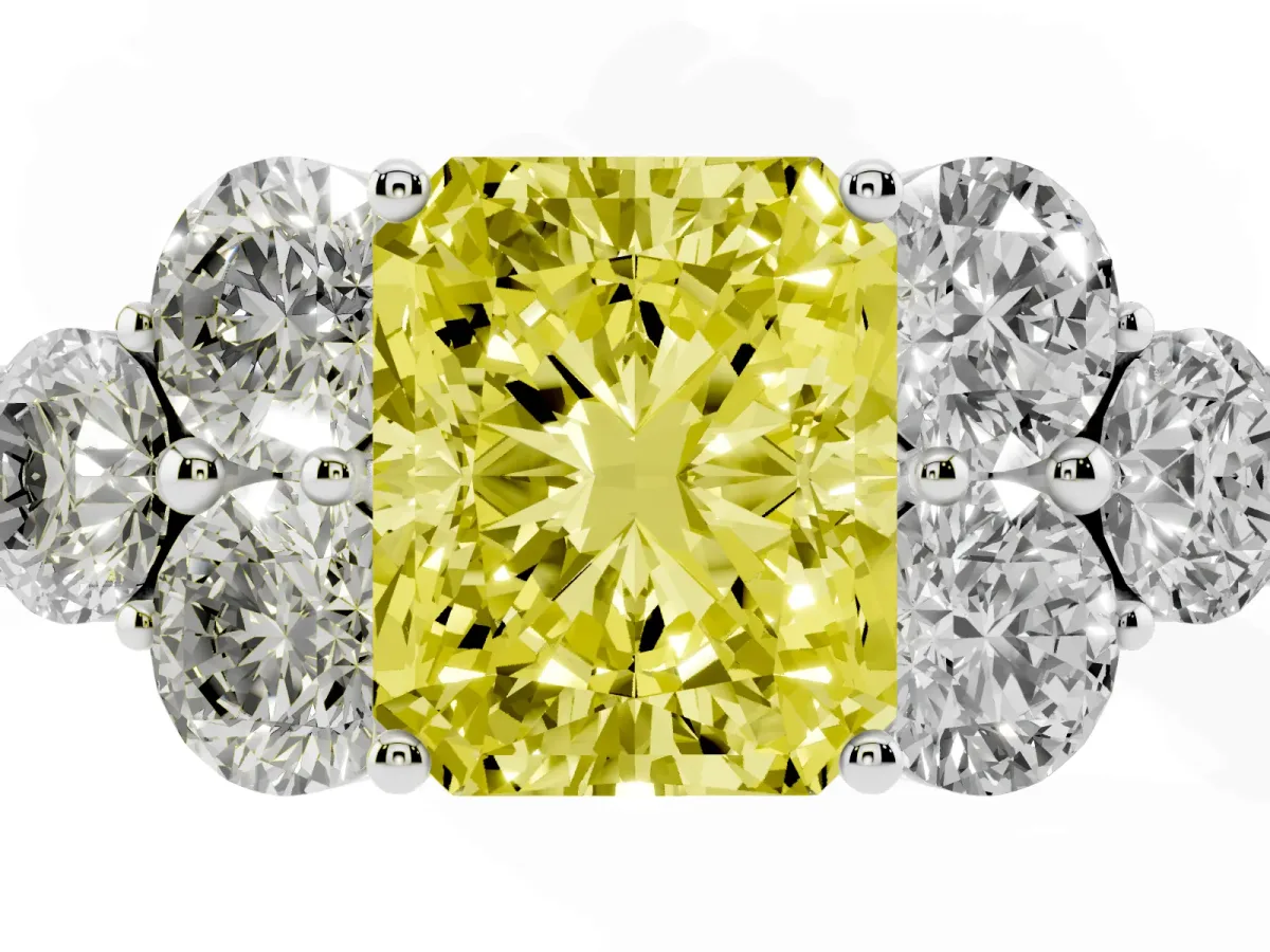 Fancy Yellow Radiant Cut Cut Diamond Cluster Ring with Round Accent Stones and Prong Setting on a Classic Band Platinum