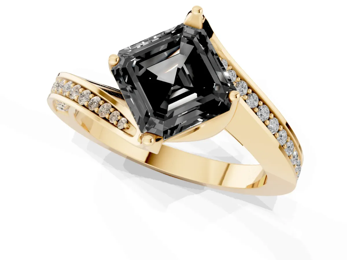 Fancy Black Asscher Cut Solitaire Diamond Twist Band with Pavé Setting and Four-Prong Setting Yellow gold