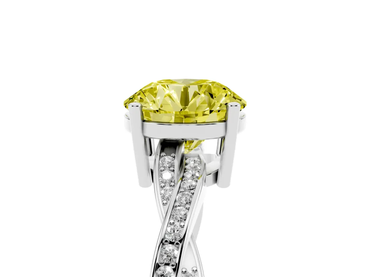 Fancy Yellow Round Cut Solitaire Twisted Pave Diamond Ring with Four-Prong Setting White gold