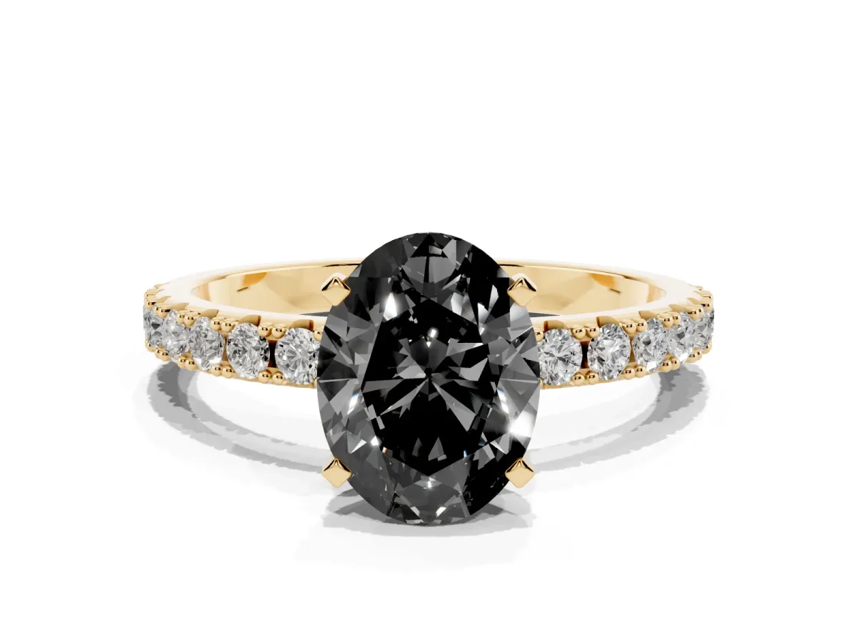 Fancy Black Oval Cut Diamond Solitaire Pavé Band with Four-Prong Setting Yellow gold