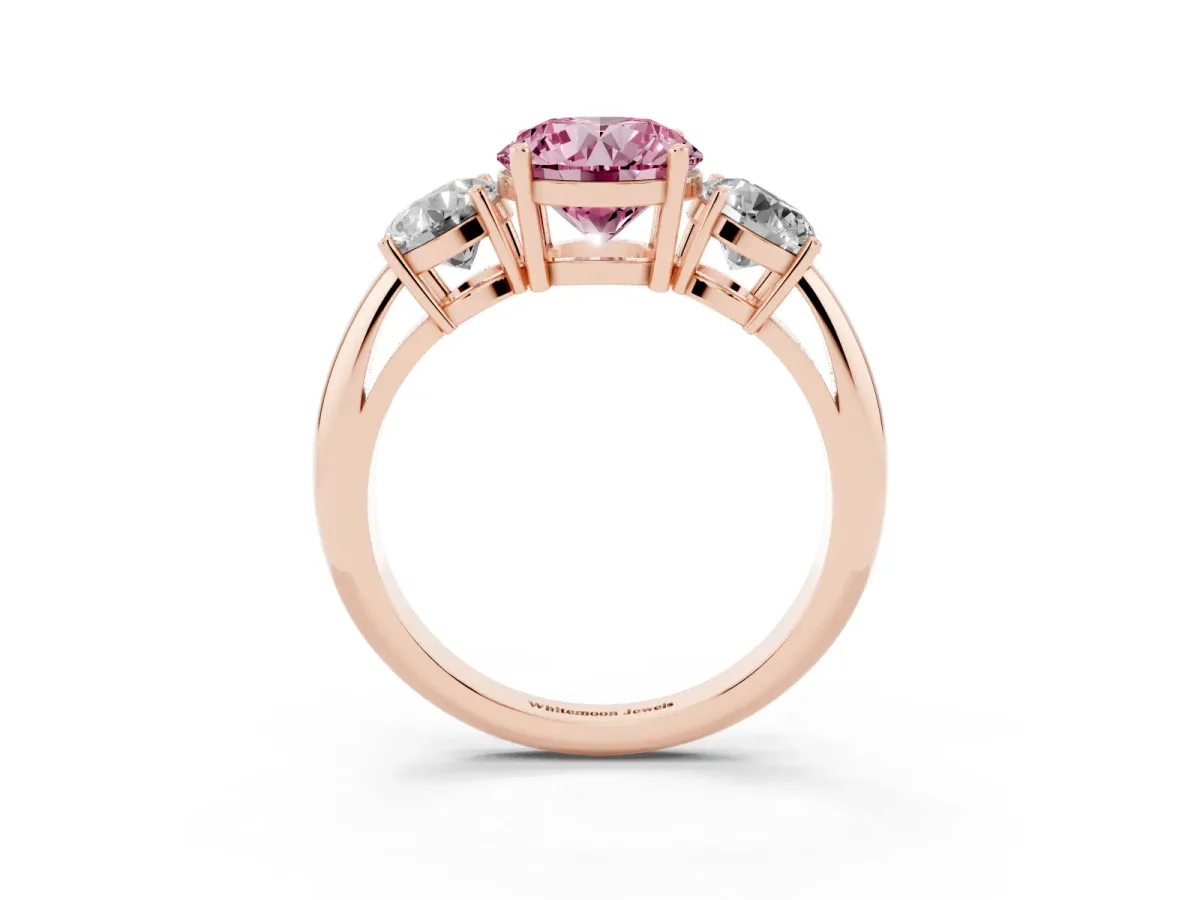 Fancy Pink Three-Stone Round Cut Cut Diamond Engagement Ring with Prong Setting on a White Gold Band Rose gold
