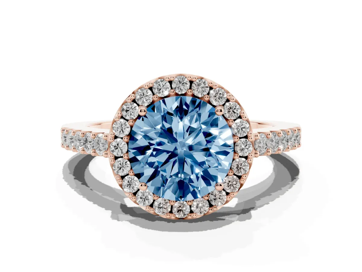 Fancy Blue Round Cut Halo Diamond Pavé Solitaire Ring Rose gold