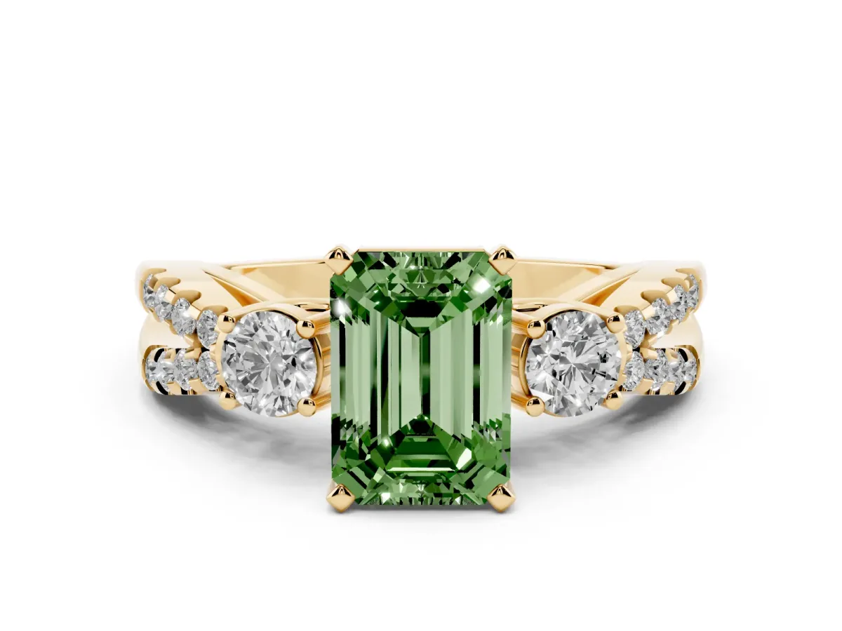 Fancy Green Emerald Cut Diamond Three-Stone Ring with Pavé Split Shank and Four-Prong Setting Yellow gold