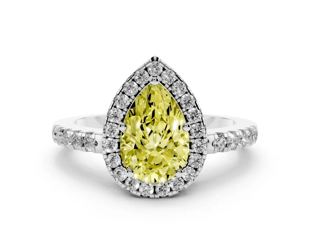 Fancy Yellow Pear Cut Halo Diamond Engagement Ring with Pavé Band and Four-Prong Setting White gold