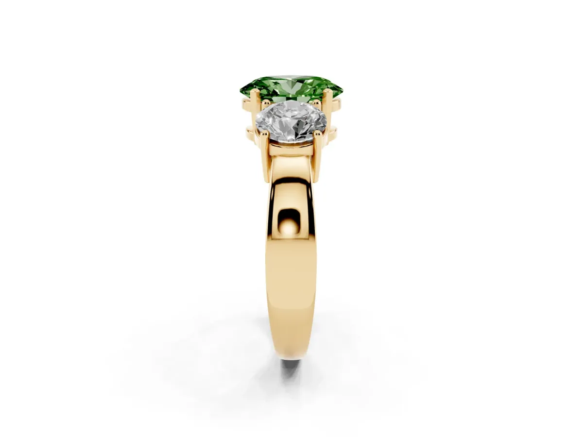 Fancy Green Three-Stone Oval Cut Diamond Ring with Round Side Stones, Classic Band, and Four-Prong Setting Yellow gold