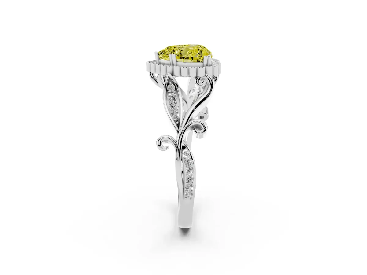 Fancy Yellow Heart Cut Diamond Halo Ring with Vintage Split Shank and Four-Prong Setting Silver