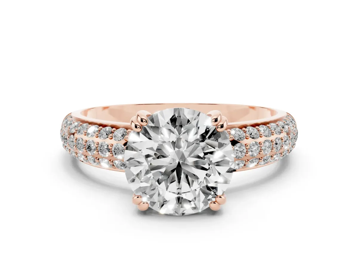 Round Cut Diamond Solitaire Ring with Multi-Row Round Pavé Band and Prong Setting Rose gold
