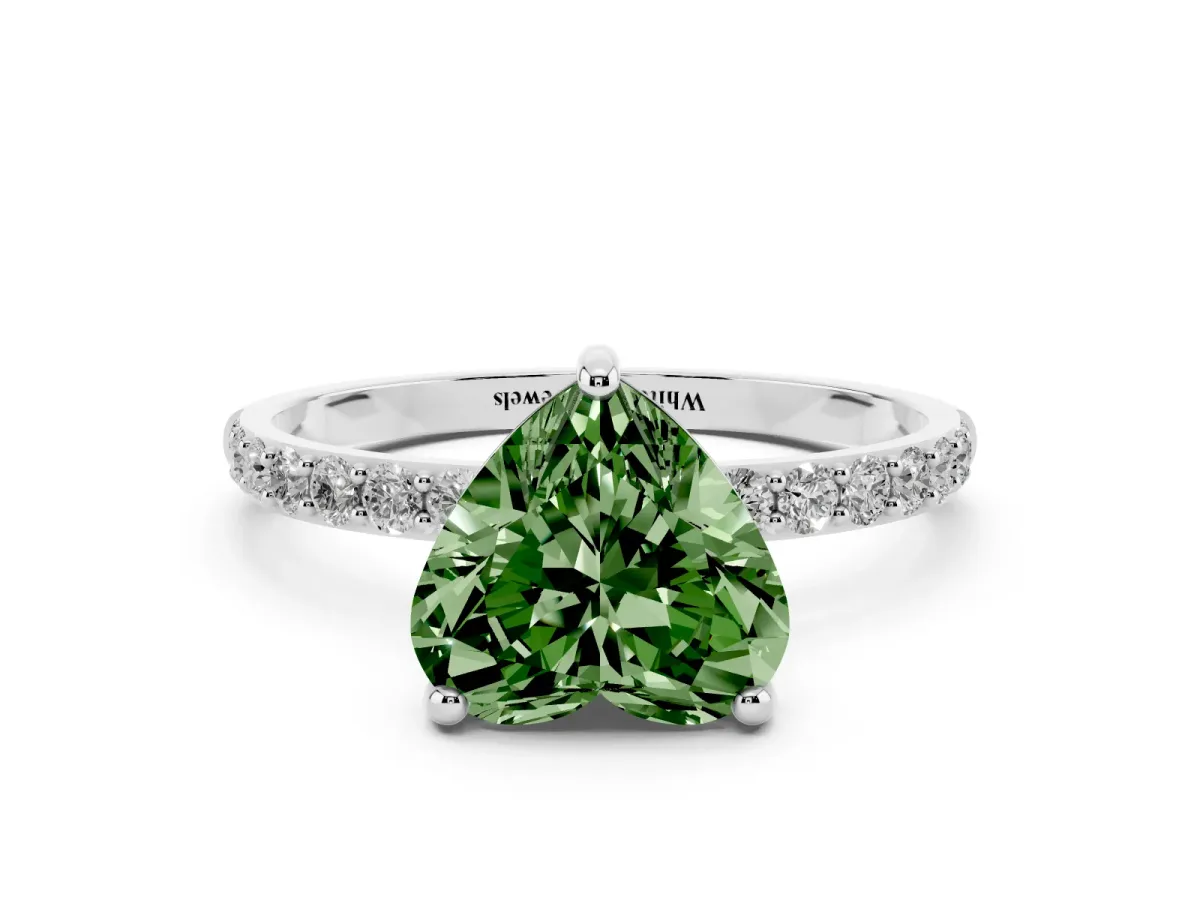 Fancy Green Heart Cut Diamond Solitaire Ring with Round Pavé Band and Prong Setting Silver
