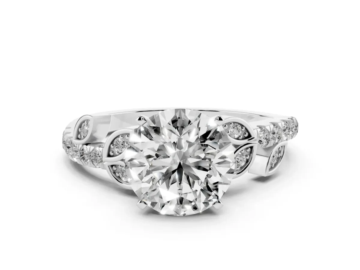 Round Cut Solitaire Leaf-Inspired Diamond Ring with Pavé Band and Four-Prong Setting Silver