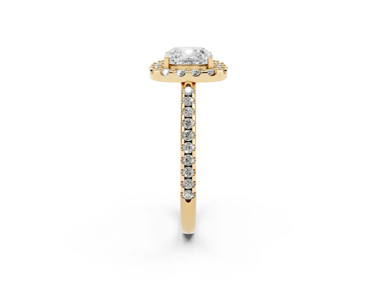 Cushion Cut Diamond Pavé Halo Ring with Four-Prong Setting Yellow gold