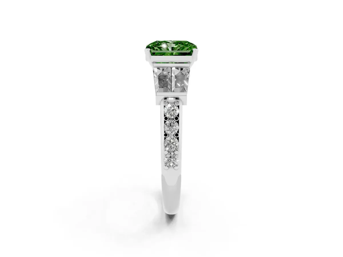 Fancy Green Radiant Cut Diamond Engagement Ring with Baguette Side Stones and Channel Set Band Silver