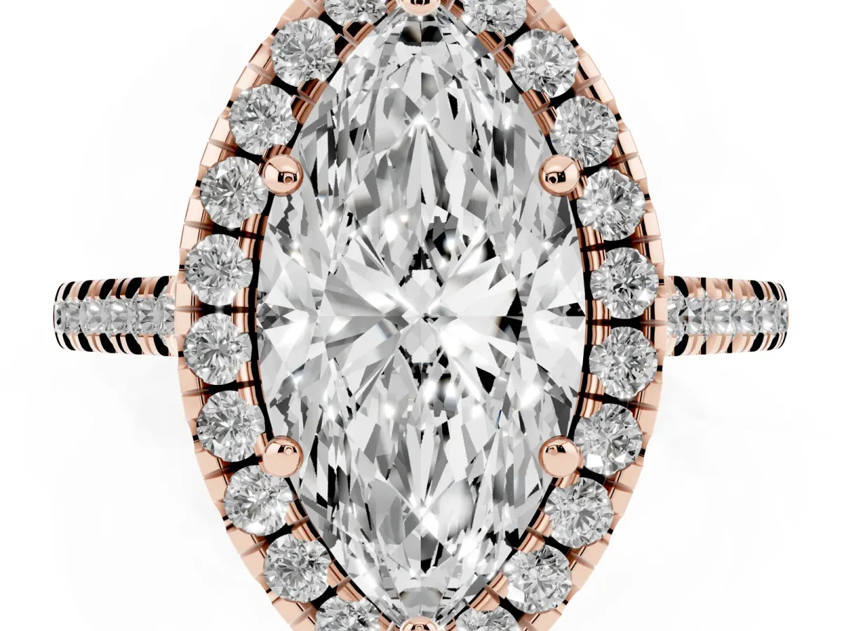 Marquise Cut Diamond Cushion Halo Ring with Pavé Band Rose gold