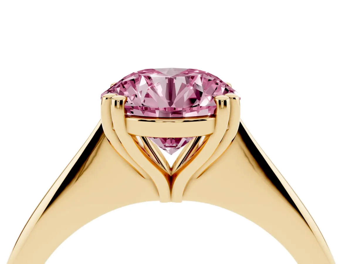 Fancy Pink Round Cut Solitaire Diamond Ring with Six-Prong Setting and Classic Band Yellow gold