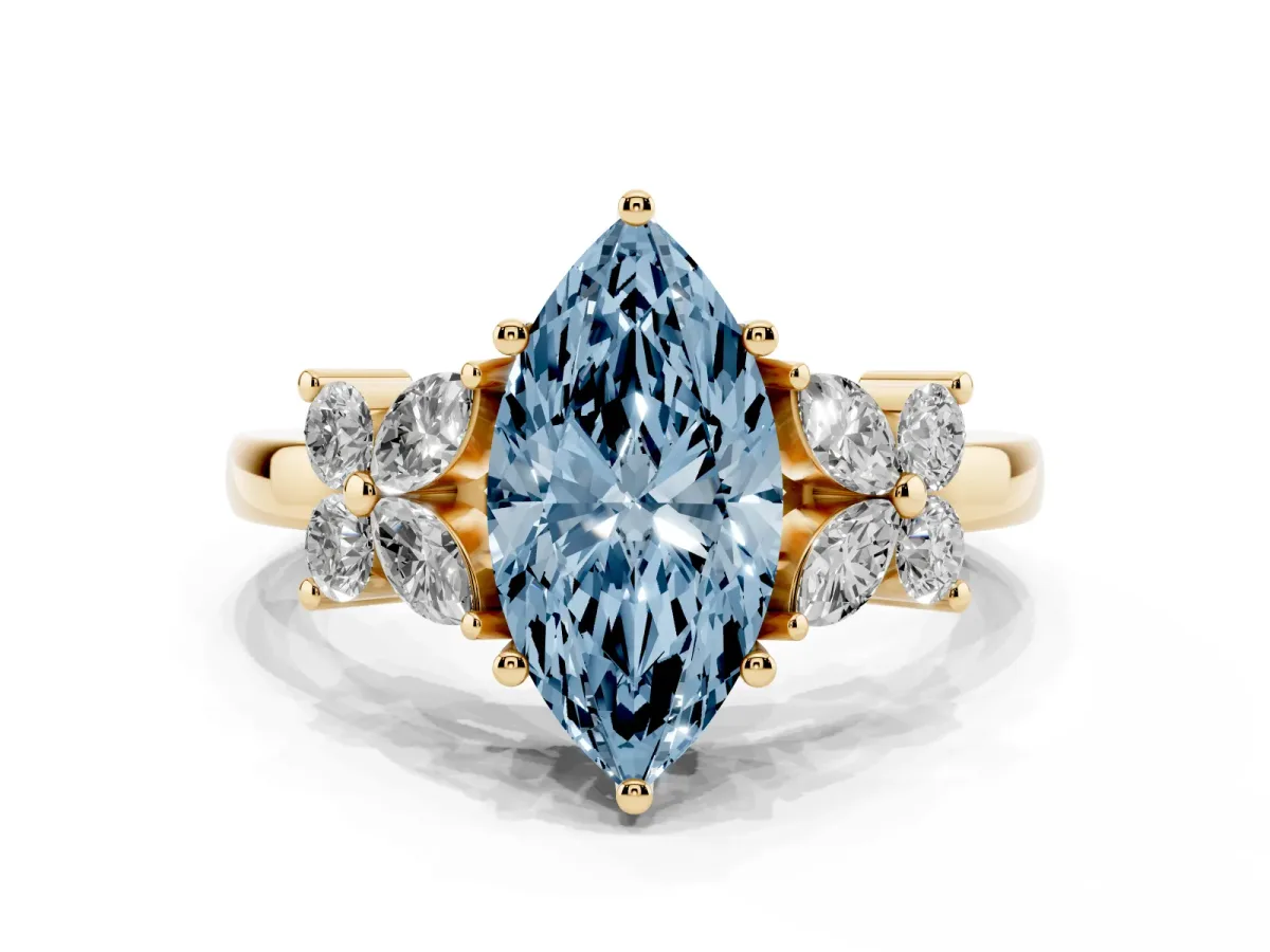 Fancy Blue Marquise Cut Diamond Floral Cluster Ring with Solitaire Band and Prong Setting Yellow gold
