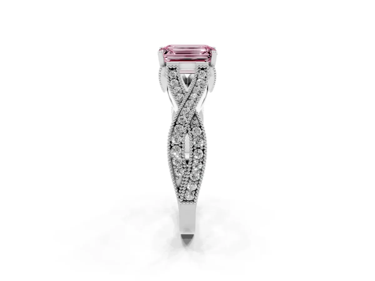 Fancy Pink Emerald Cut Cut Diamond Twisted Band with Milgrain Pave Setting and Four-Prong Setting Silver