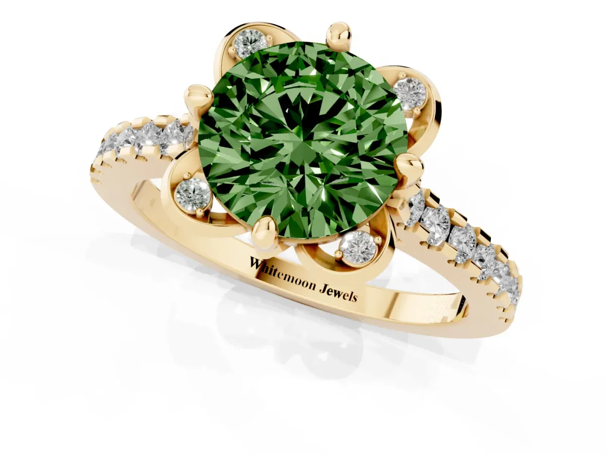 Fancy Green Round Cut Diamond Ring with Pavé Band and Floral Prong Setting Yellow gold