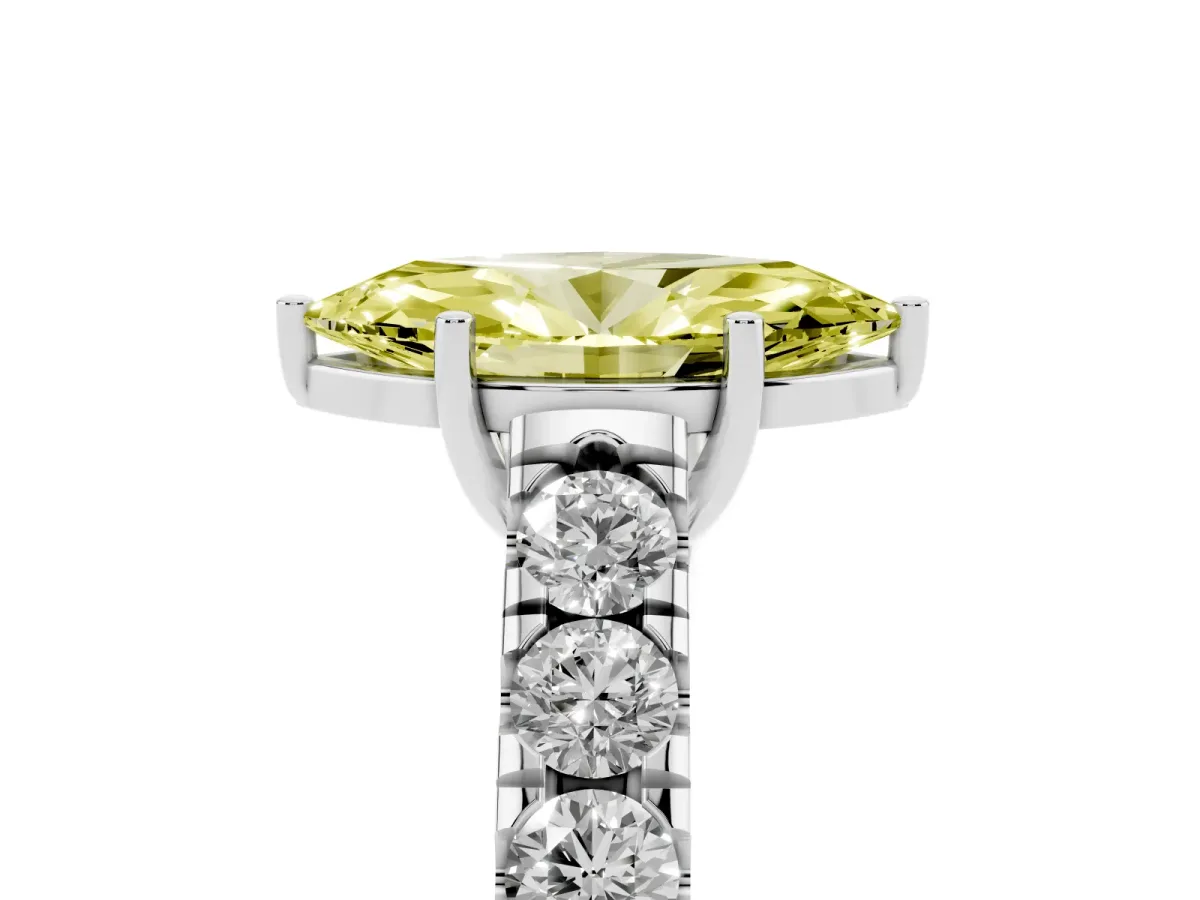 Fancy Yellow Marquise Cut Cut Diamond Solitaire Ring with Micro Pave Band and Prong Setting Silver