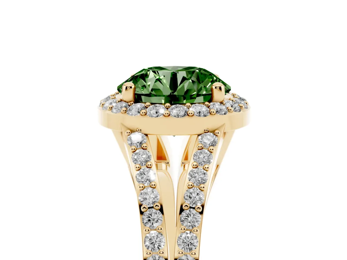 Fancy Green Round Cut Halo Split Shank Pave Diamond Ring with Four-Prong Setting Yellow gold