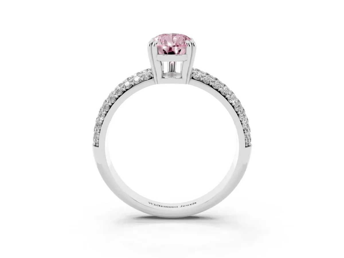 Fancy Pink Pear Cut Diamond Solitaire Ring with Multi-Row Round Pavé Band and Prong Setting Silver