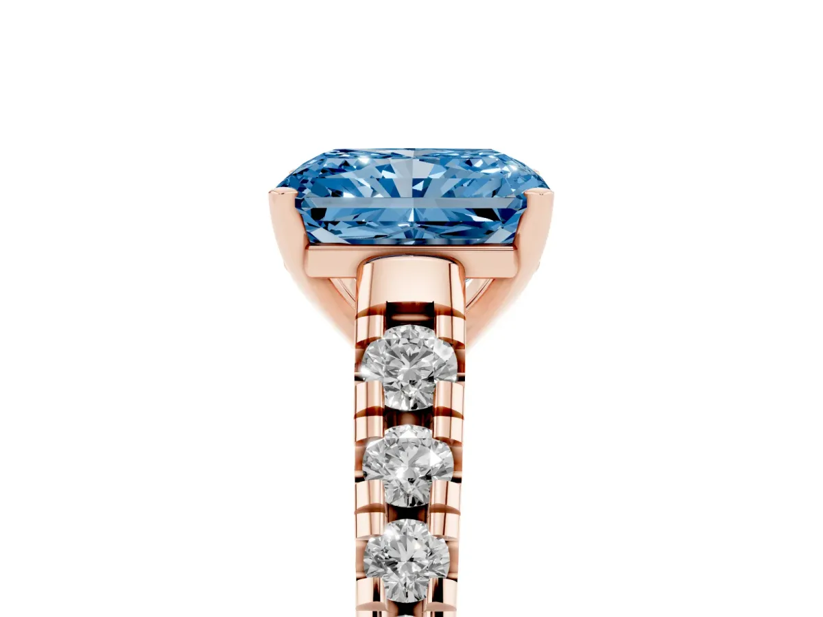 Fancy Blue Radiant Cut Diamond Cathedral Solitaire Ring with Round Pavé Band Rose gold