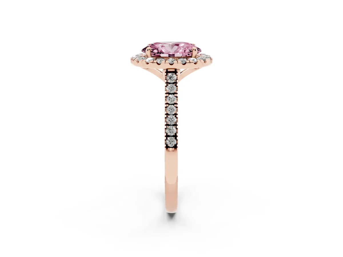 Fancy Pink Oval Cut Diamond Cushion Halo Ring with Pavé Band Rose gold
