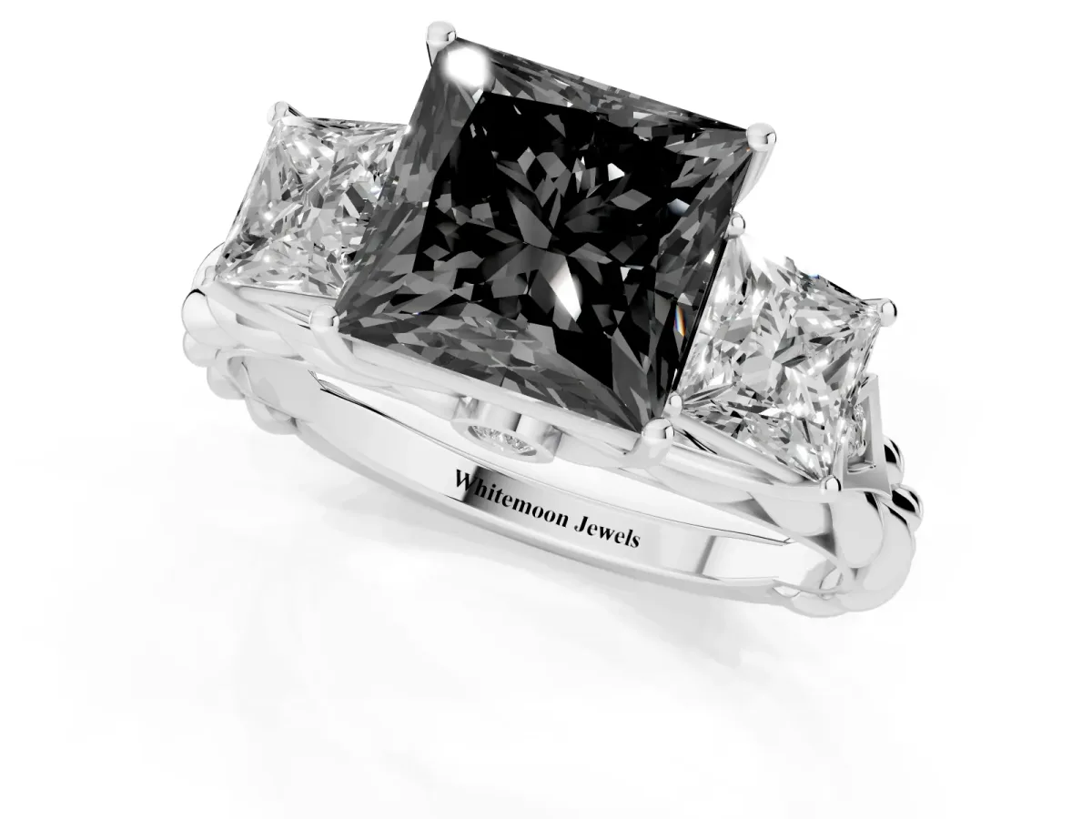 Fancy Black Three-Stone Princess Cut Diamond Braided Band Ring with Four-Prong Setting Platinum