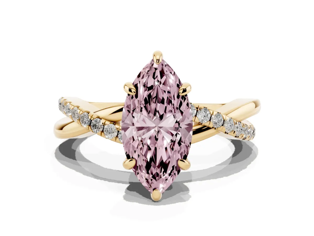 Fancy Pink Marquise Cut Cut Diamond Twist Band Solitaire with Prong Setting Yellow gold