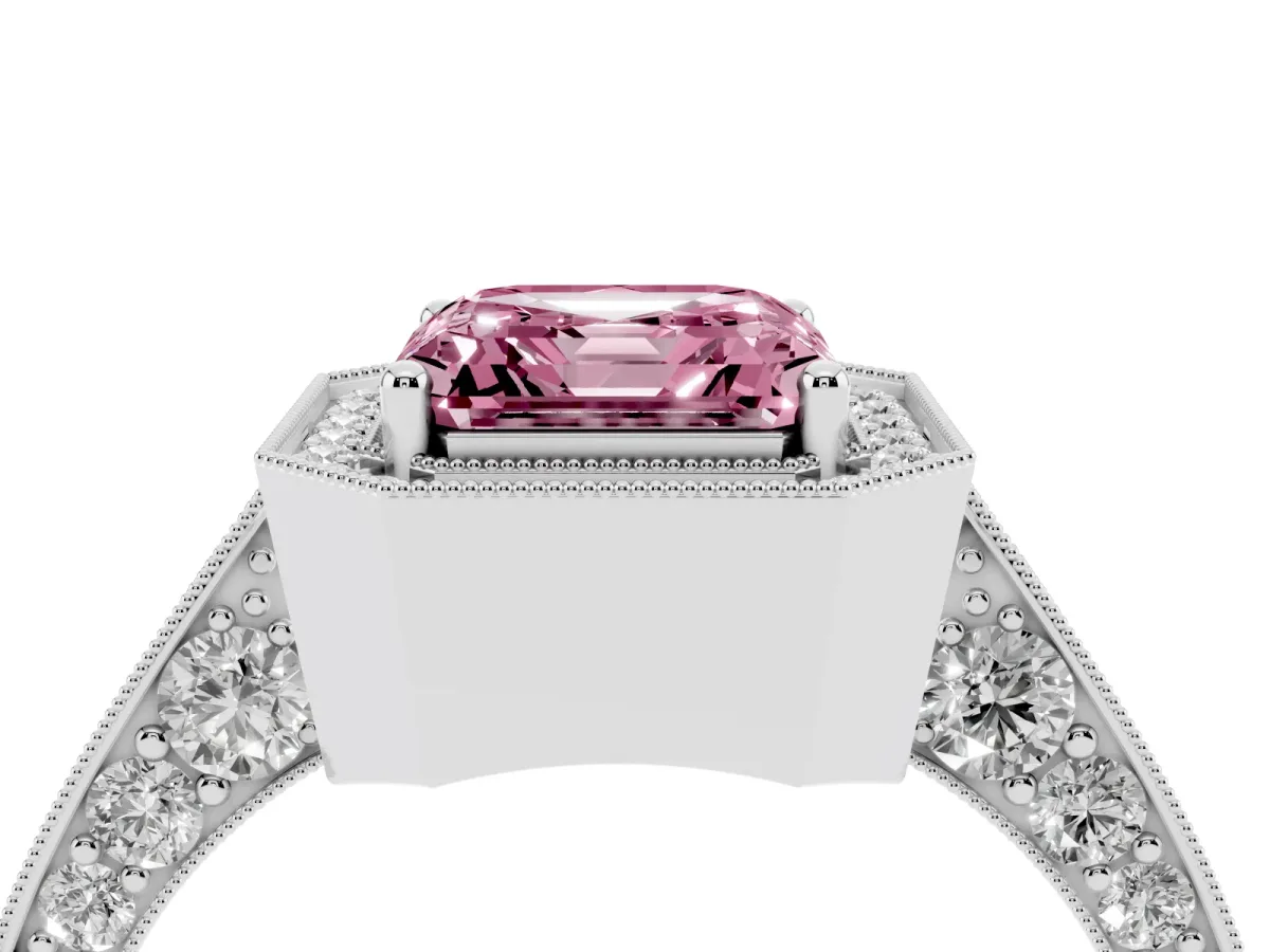 Fancy Pink Asscher Cut Halo Diamond Engagement Ring with Split Shank Band and Four-Prong Setting Platinum